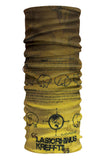 Yellow Headsox Wildlife Conservation neck gaiter made from stretchy microfibre fabric, featuring a repeated pattern of black contour drawings of pigs and text "lasorinus krefftii.