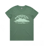 The Absolute Outdoors Women's Grampians Peaks Trail Tee by Machine Printers features a Brett Mallon design with "Grampians Peaks Trail" text and stunning images of the Grampians Mountains.