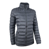 The 3 Peaks Women's Down Jacket is a dark gray puffer with a high collar and zippered front, boasting horizontal quilting and zippered pockets. It offers a high warmth-to-weight ratio and features durable water repellent technology for added protection.