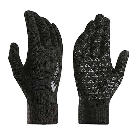 A pair of black 3 Peaks Merino Synthesis Gloves with rubberized grip and geometric patterns on the palms, touchscreen-compatible.