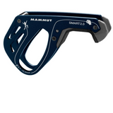 The Mammut Smart 2.0 belay device in blue, suitable for climbing ropes of 8.9-10.5mm, includes a basic hand illustration design.
