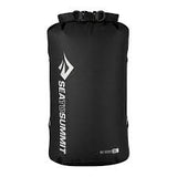 The Sea to Summit Big River Dry Bag is a black, cylindrical, waterproof dry sack with a roll-top closure, made from abrasion-resistant materials and featuring the "Sea to Summit" logo in white text.