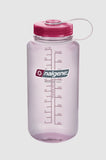 A transparent Nalgene Sustain Wide Mouth Bottle 1000ML with pink lid, marked with volume measurements on its side, isolated on a white background.