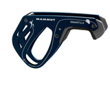 The Mammut Smart 2.0 belay device features a blue exterior with a white logo and clear rope size markings, ensuring secure and efficient climbing.
