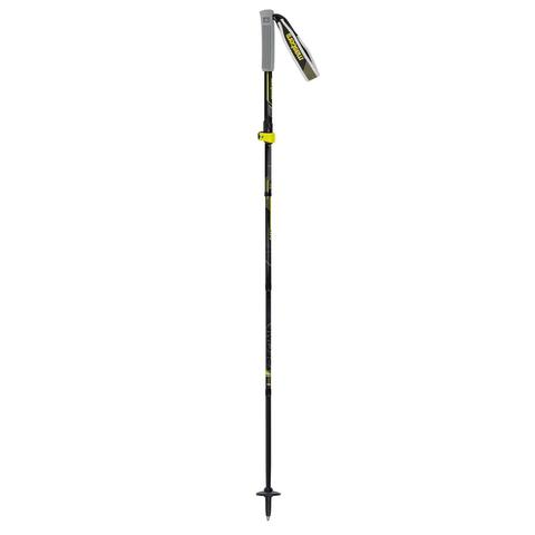 Adjustable Masters Trecime trekking pole with a gray handle, wrist strap, and yellow and black shaft, displayed on a white background.