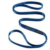 The Black Diamond Nylon Runners, versatile sewn slings with a coiled blue design, come with an attached safety label. Ideal for various climbing needs, they offer reliable support.
