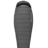 The Sea To Summit Treeline ATLI Sleeping Bag is a gray, mummy-style, three-season sleeping bag with a hood and features a YKK side zip along with the Sea to Summit brand logo on the upper right side.