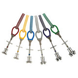 A set of six climbing cams for your next adventure, each featuring a different color strap: red, yellow, blue, white, green, and purple. These Black Diamond Camalot C4 devices by Black Diamond offer a lightweight design without compromising durability and safety.