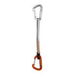 The Mammut Wall Light Express Set is a lightweight, fast quickdraw from Mammut featuring a silver top carabiner, a grey and white sewn sling, and an orange bottom carabiner.