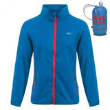 The Mac in a Sac Mini Mac Rain Jacket by Mac In a Sac, featuring a vibrant blue design with red zipper and accents, comes complete with its matching compact storage bag conveniently placed in the corner. Ideal for any adventure, this windproof jacket prepares you for all weather conditions.
