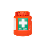 The Sea to Summit Lightweight First Aid Dry Bag, made from recycled orange 70D nylon, boasts a green cross label, roll-top closure, and plastic buckle. Its lightweight design and waterproof seams make it an ideal companion for any outdoor adventure.