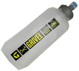 This image displays the Grivel Soft Flask 500ml in a translucent white color, adorned with the Grivel logo and branding in yellow and black. Crafted from BPA-free, compressible material, it features a blue-tipped nozzle, making it ideal for mountain runner backpacks.