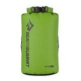 The Big River Dry Bag by Sea to Summit is a green, non-PVC dry bag featuring a roll-top closure and branded black text logo on its side. It offers waterproof protection and abrasion-resistant durability.
