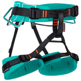 The Mammut 4 Slide Harness by Mammut is a teal and black rock climbing harness featuring Slide-Bloc buckles, adjustable leg loops, and intricate red stitching details.