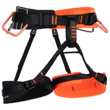 Introducing the Mammut 4 Slide Harness by Mammut, a black and orange climbing harness designed for ultimate comfort and safety. It features adjustable leg loops with padded support and secure Slide-Bloc buckles, along with a padded waist belt for enhanced comfort.