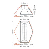 The diagram shows the dimensions of the Mont Moondance 1 Tent by Mont. The top view reveals it is 220 cm long, 118 cm wide at one end, 92 cm wide at the other end, and narrows to 70 cm in the middle. From a side view, it stands 97 cm tall, is 92 cm long, with a width of 68 cm at the top and broadening to 118 cm at the base. This lightweight tent is designed for easy transport.