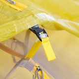 Close-up of a Mont Moondance 2 Tent's zipper and fabric with a focus on the details and texture.