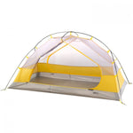 A lightweight, 3-season Mont Moondance 2 Tent designed for two people, featuring an exposed mesh design and a yellow rainfly.