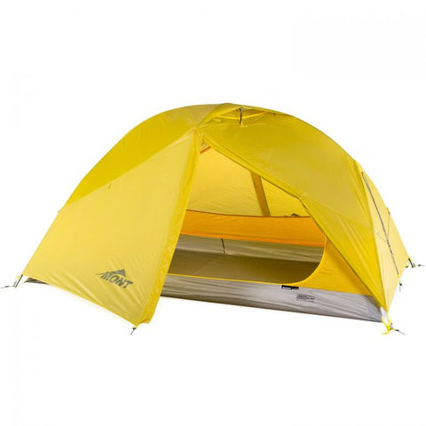 Yellow lightweight Mont Moondance 2 Tent set up and staked down.