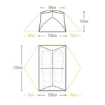 Technical illustration of a two-person, lightweight Mont Moondance 2 Tent with dimensions.