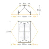 Technical illustration of a two-person, lightweight Mont Moondance 2 Tent with dimensions.