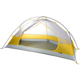 The Mont Moondance 1 Tent by Mont is a yellow and gray, lightweight, 1-person dome-shaped tent featuring a mesh top and a partially covering rainfly.