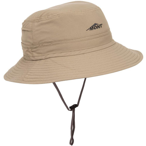 Mont beige outdoor sun hat with UPF rating, chin strap, and brand logo.