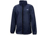 The Mac in a Sac Mini Mac Rain Jacket by Mac In a Sac is a navy blue zip-up jacket with a high collar and a small logo on the chest, designed to be highly waterproof and windproof.