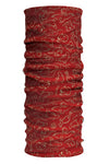 A red cylindrical Headsox Wildlife Conservation scarf made of stretchy microfibre fabric, featuring intricate gold patterns of dragons and floral motifs, displayed vertically against a white background.