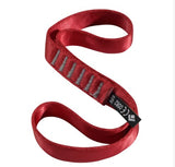 A red Black Diamond Nylon Runner with a black tag and CE marking, coiled elegantly on a white background, highlights its durability.