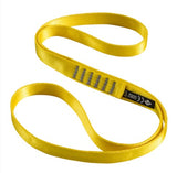 The Black Diamond Nylon Runners are yellow climbing slings made from durable nylon, featuring a stitched section and labeled specifications, offering versatile reliability for climbers.