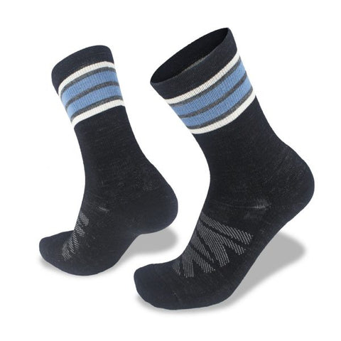 A pair of black Wilderness Wear Velo Cycle Socks with blue and white stripes standing upright on a white background.