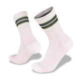 Two pink Wilderness Wear Velo Cycle Socks with grey and yellow stripes at the top, displayed against a white background.