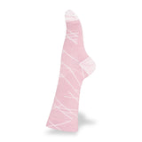 A single pink Wilderness Wear Cape to Cape Light Hiker Merino sock with a white pattern isolated on a white background, known for its durability and breathability.