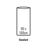 Simple outline of a mattress with dimensions labeled 90 x 188 cm. The word "Standard" is written below. Ideal for those who love travel and bushwalking, the Mont 100% Silk Liner by Mont ensures comfort on the go.