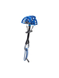 The Black Diamond Camalot Ultralight Cams, featuring a double-axle design with a trigger, stem, and Dyneema cord loop for attachment, offer significant weight savings without compromising performance in blue and black. Ideal for your next climb.