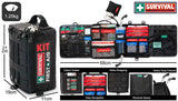 The Survival First Aid's compact black Travel First Aid Kit is ideal for travel, with an organized interior featuring labeled sections and a SMART bandage. Its dimensions and weight are clearly shown on a pristine white background.