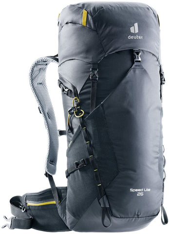 The Deuter Speed Lite 26 backpack is featured in grey with accents of yellow.