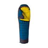 The Mont Brindabella 700 Sleeping Bag from Mont features a blue exterior and yellow interior, combined with a mummy-style design and insulated hood. Made with Hydronaute XT fabric, it guarantees exceptional warmth and weather resistance.