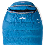 The Mont Warmlite XTR 550 Sleeping Bag in blue is designed for cold weather use, featuring a hooded top and horizontal stitching crafted from recycled materials.