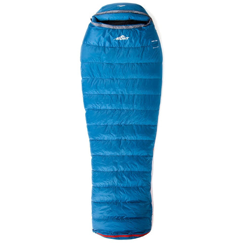 The Mont Warmlite XTR 550 Sleeping Bag by Mont is a blue mummy-style sleeping bag with a hood, featuring a side zipper, high loft down insulation, and the brand logo on the front. It is crafted with a recycled Hydronaute XT-R Shell for durability and performance.