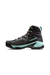 A single black and teal Mammut Women's Sapuen High GTX Hiking Boot with a high ankle, sturdy Vibram® sole, and laces displayed on a white background.