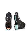 Pair of Mammut Women's Sapuen High GTX Hiking Boot in black with turquoise accents and orange loop detailing, featuring durable Gore-Tex® insoles and rugged Vibram® outsoles, shown from top and side views.