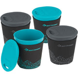 Four Sea to Summit DeltaLight Camp Set 4.4 collapsible silicone cups with lids, in varying sizes, featuring teal and gray colors.