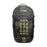 A black Tatonka Bike Backpack MTB 28 with yellow zipper pulls and a mesh front panel. This versatile bag features various compartments, adjustable straps, and a Vent Comfort Carrying System for enhanced comfort.