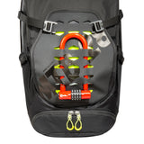 A Tatonka Bike Backpack MTB 28 featuring a red combination U-lock secured to the front. The bag has green accents, two yellow zip pullers at the bottom, and is designed with a Vent Comfort Carrying System for superior ventilation and comfort during long rides.