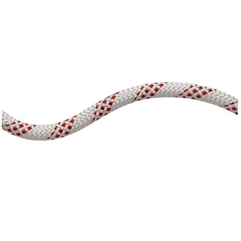 A close-up image of a Mammut Performance Static 10mm Per Metre rope with red accents, forming an S-shape against a white background, showcasing its maximum strength and abrasion-resistant qualities.