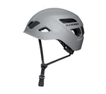 The Mammut Skywalker 3.0 is a gray hybrid climbing helmet with ventilation holes and an adjustable chin strap, offering excellent impact protection.
