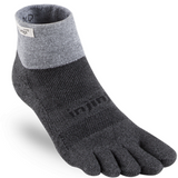 A single Injinji Trail Midweight Mini-Crew by Injinji, black and gray ankle-length trail sock with individual compartments for each toe, designed for blister prevention and superior moisture management.