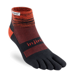 A single Injinji Trail Midweight Mini-Crew with individual compartments for each toe, offering superior blister prevention and moisture management, displaying the brand "Injinji" on the side.